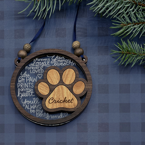 Pet memorial ornament, personalized dog ornament, custom cat sympathy gift, laser engraved pet keepsake, wood and acrylic ornament, Mackinac Island gifts, Rainbow Bridge memorial.