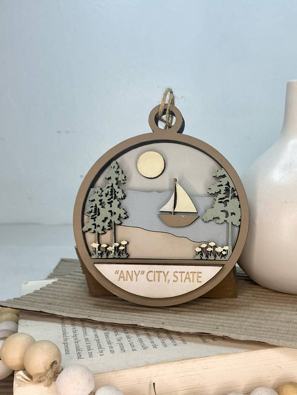 Any CityState or CustomText Beach Shore w Sailboat Ornament