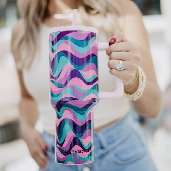 Pink Purple Green Swirl Tumbler with Straw