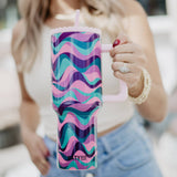 Pink Purple Green Swirl Tumbler with Straw