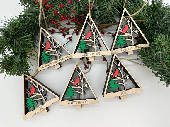 Wood Layered Cardinal Ornament with Customizable Text